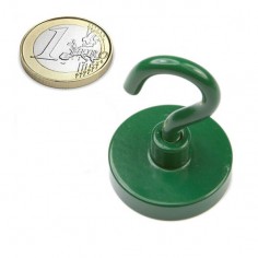 Base magnética neodimio Ø 32 mm gancho verde - comparativa con moneda