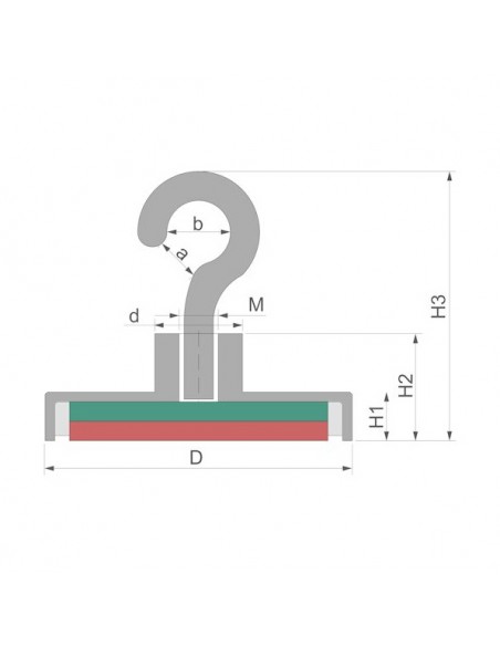 Base magnética neodimio Ø 20 mm gancho verde - plano