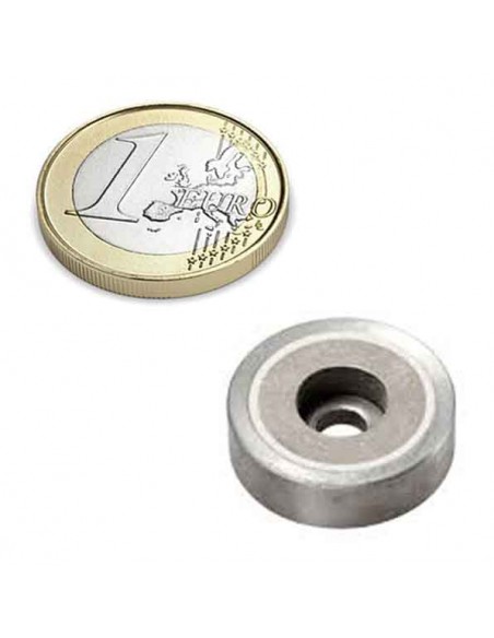 Base magnética samario Ø 20 mm con taladro cilíndrico. Comparación con moneda.